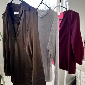 3 tops from a Short Story Box — Chocolate Blouse, Gray Knit Sweater, and Red Top